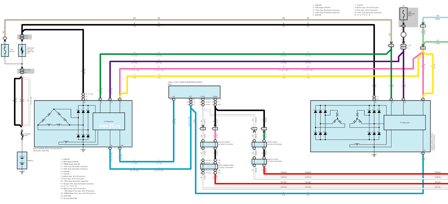 toyota camry XV50, ACV51, ASV51, ASV50, AVV50, GSV50, 2AR-FE, 1AZ-FE, 6AR-FSE, схема генератора 100А, 130А, 150А, alternator circuit