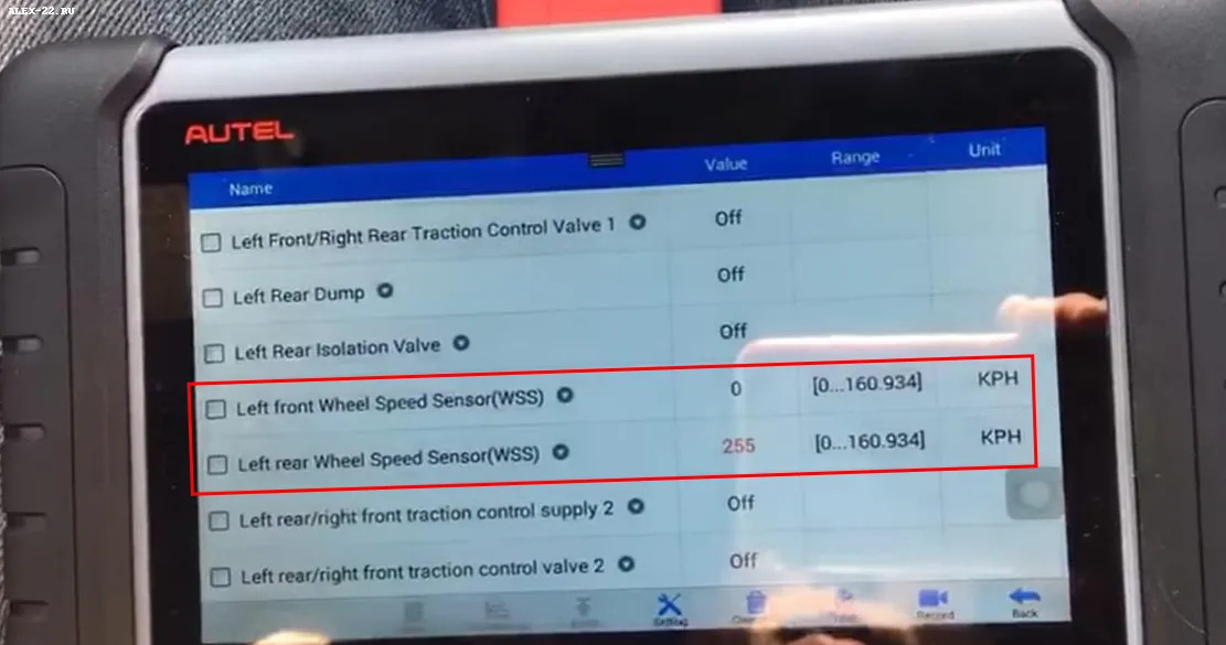 scanner live data wheel speed sensor abs, скорость датчиков абс на сканере